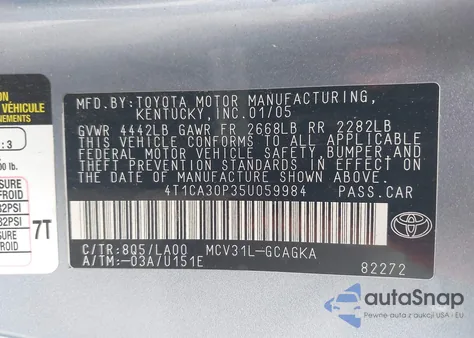 2005 Toyota Camry Solara Sle V6 from USA, damaged, VIN 4T1CA30P35U059984